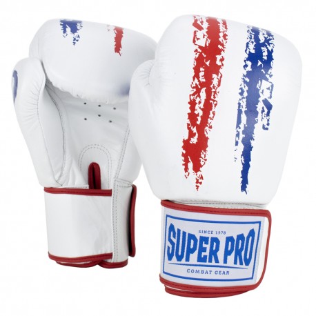 Manusi BoxSuper Pro Combat Gear Warrior Piele Alb-Rosu-Albastru